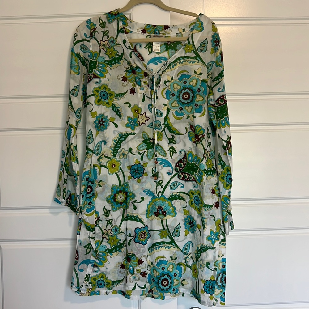 Tommy Bahama White Floral Tunic Swim Coverup with Blue and Green Print